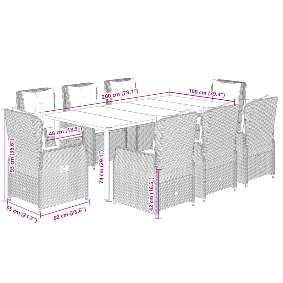 9-Delige Tuinset Poly Rattan 8 200 x 100 x 74 cm Zwart