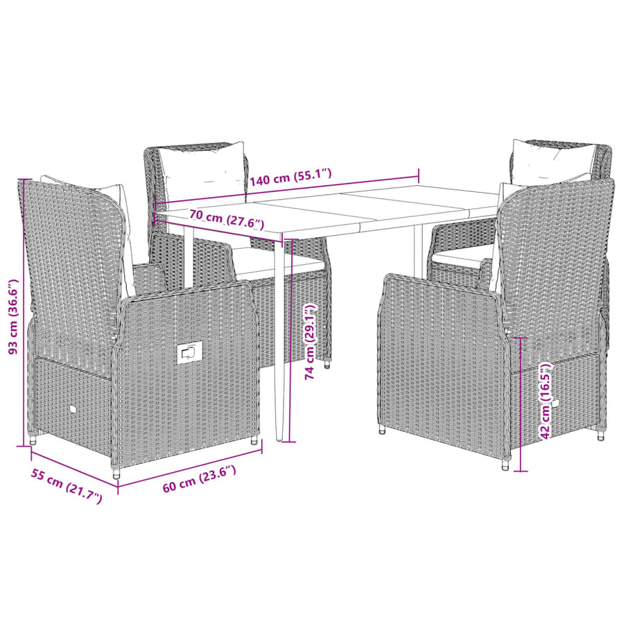 5-delige Tuinset met kussens poly rattan bruin