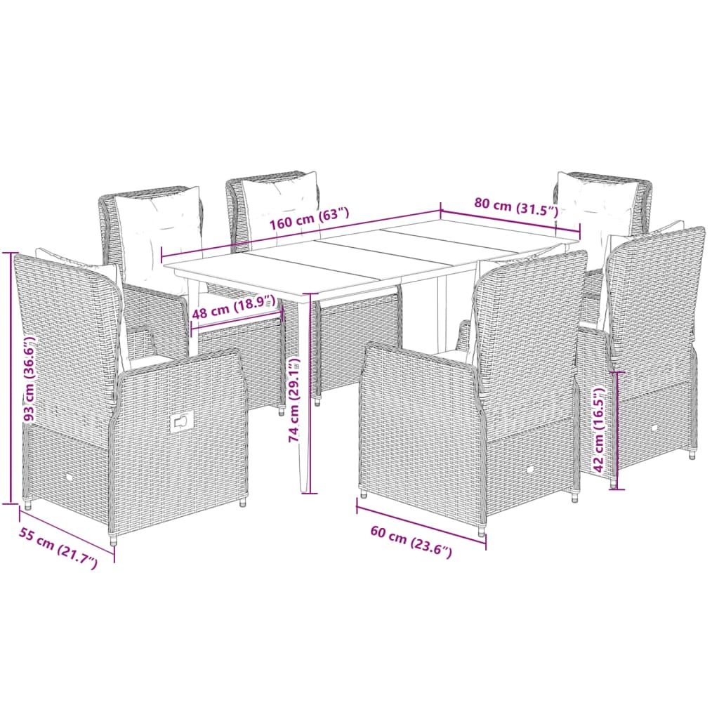 7-delige Tuinset met kussens poly rattan bruin