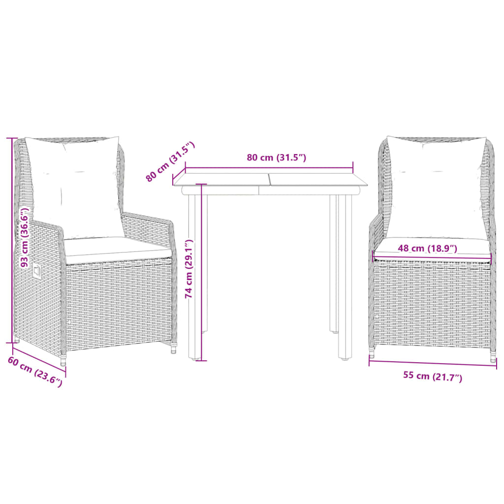 3-delige Tuinset met kussens poly rattan bruin