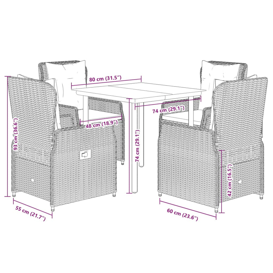 5-delige Tuinset met kussens poly rattan bruin