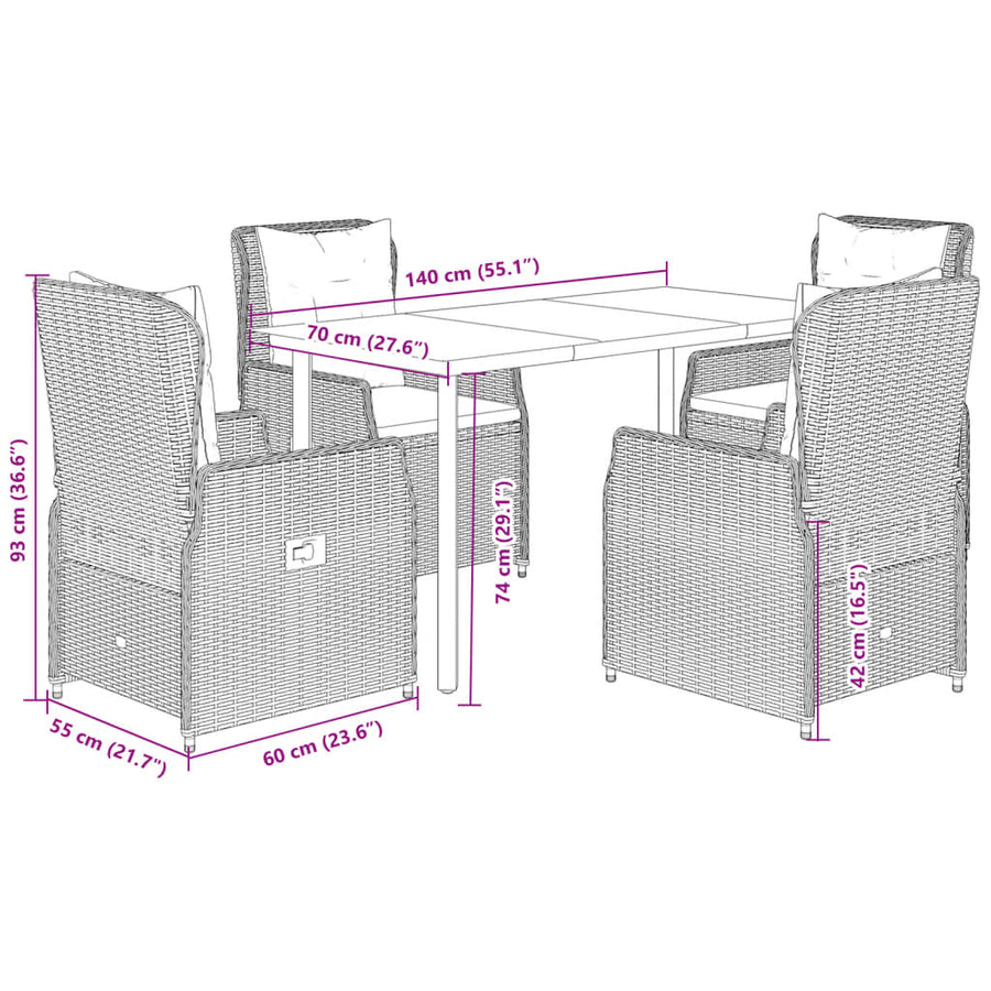 5-delige Tuinset met kussens poly rattan bruin