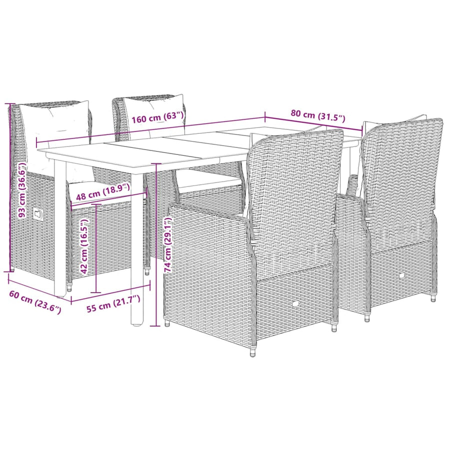 5-delige Tuinset met kussens poly rattan bruin