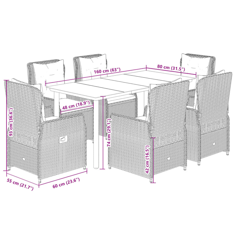 7-delige Tuinset met kussens poly rattan bruin