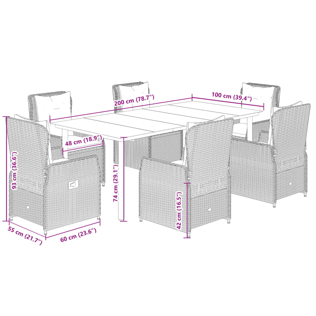 7-Delige Tuinset Met Kussens Poly Rattan 6 200 x 100 x 74 cm Bruin