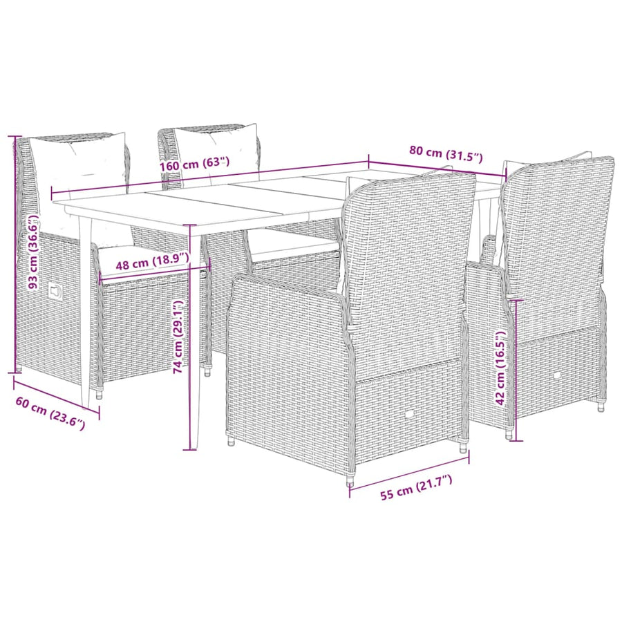 5-delige Tuinset met kussens poly rattan grijs
