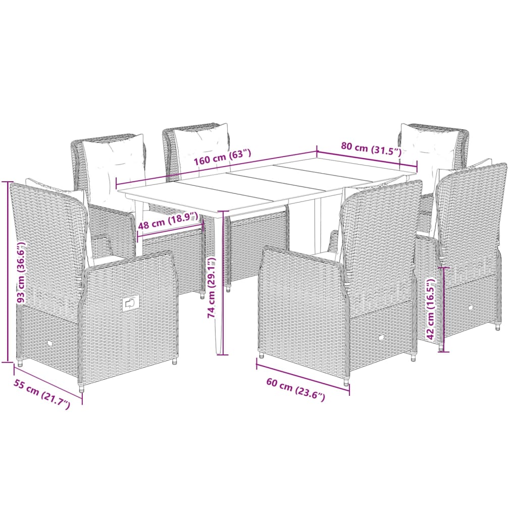 7-delige Tuinset met kussens poly rattan grijs