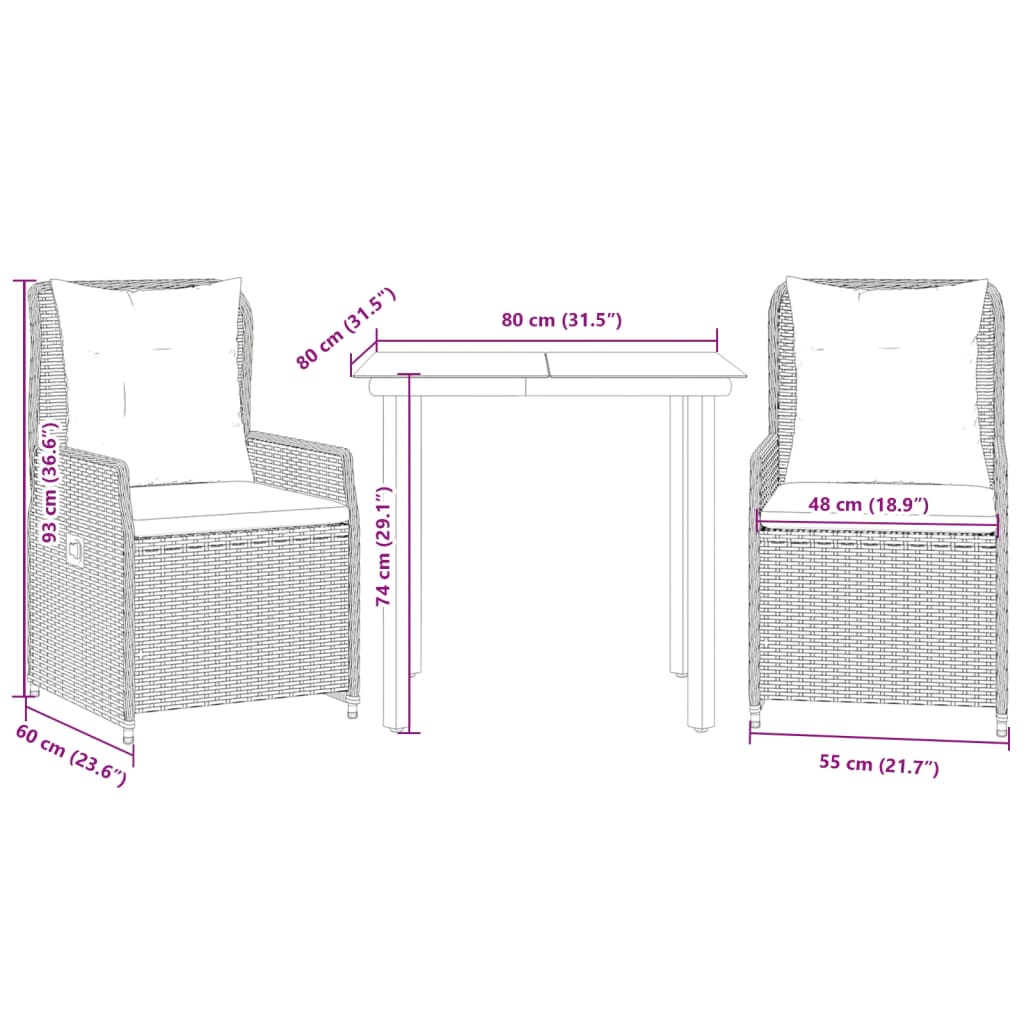 3-delige Tuinset met kussens poly rattan grijs