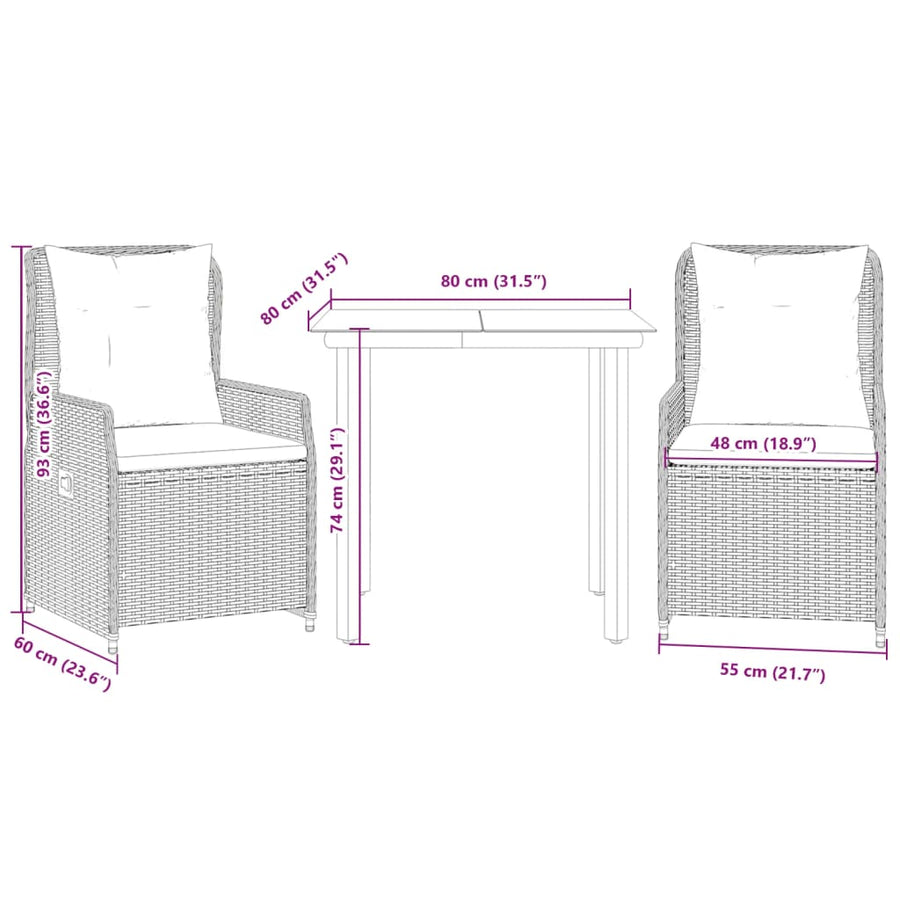 3-delige Tuinset met kussens poly rattan grijs