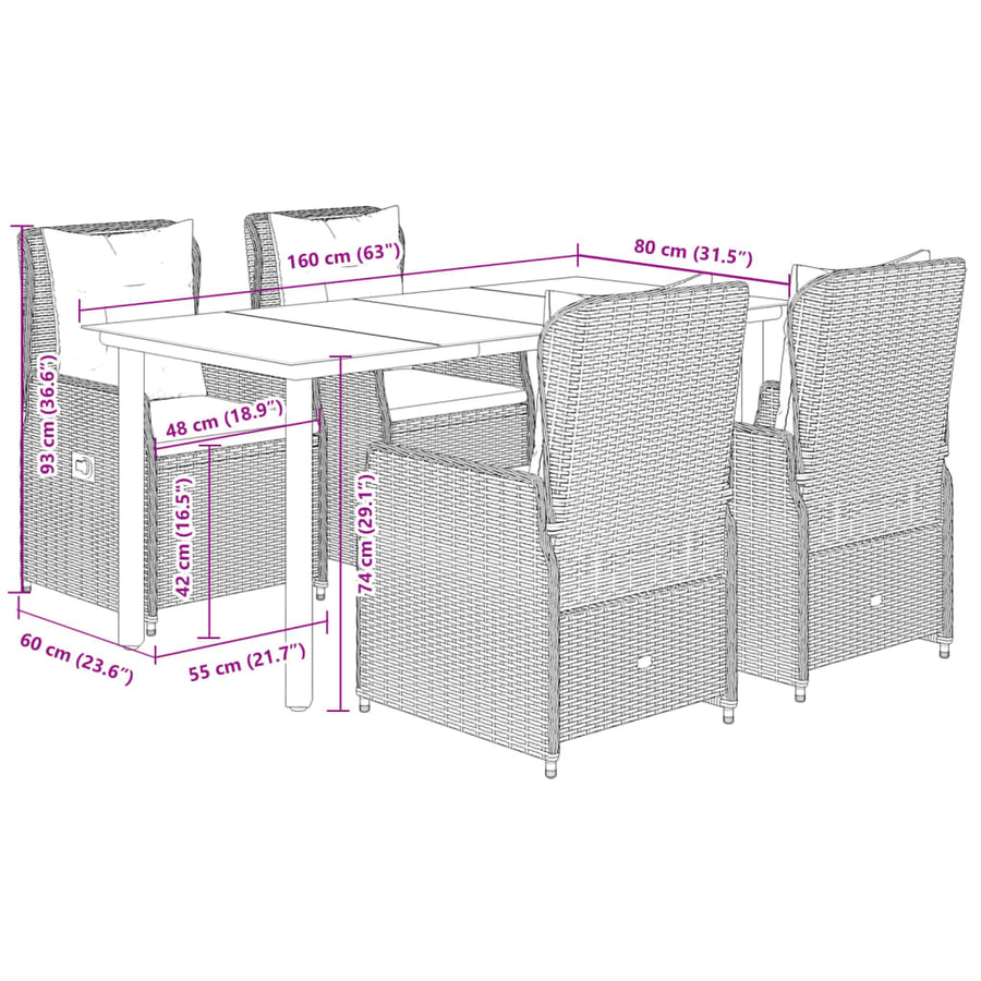 5-delige Tuinset met kussens poly rattan grijs