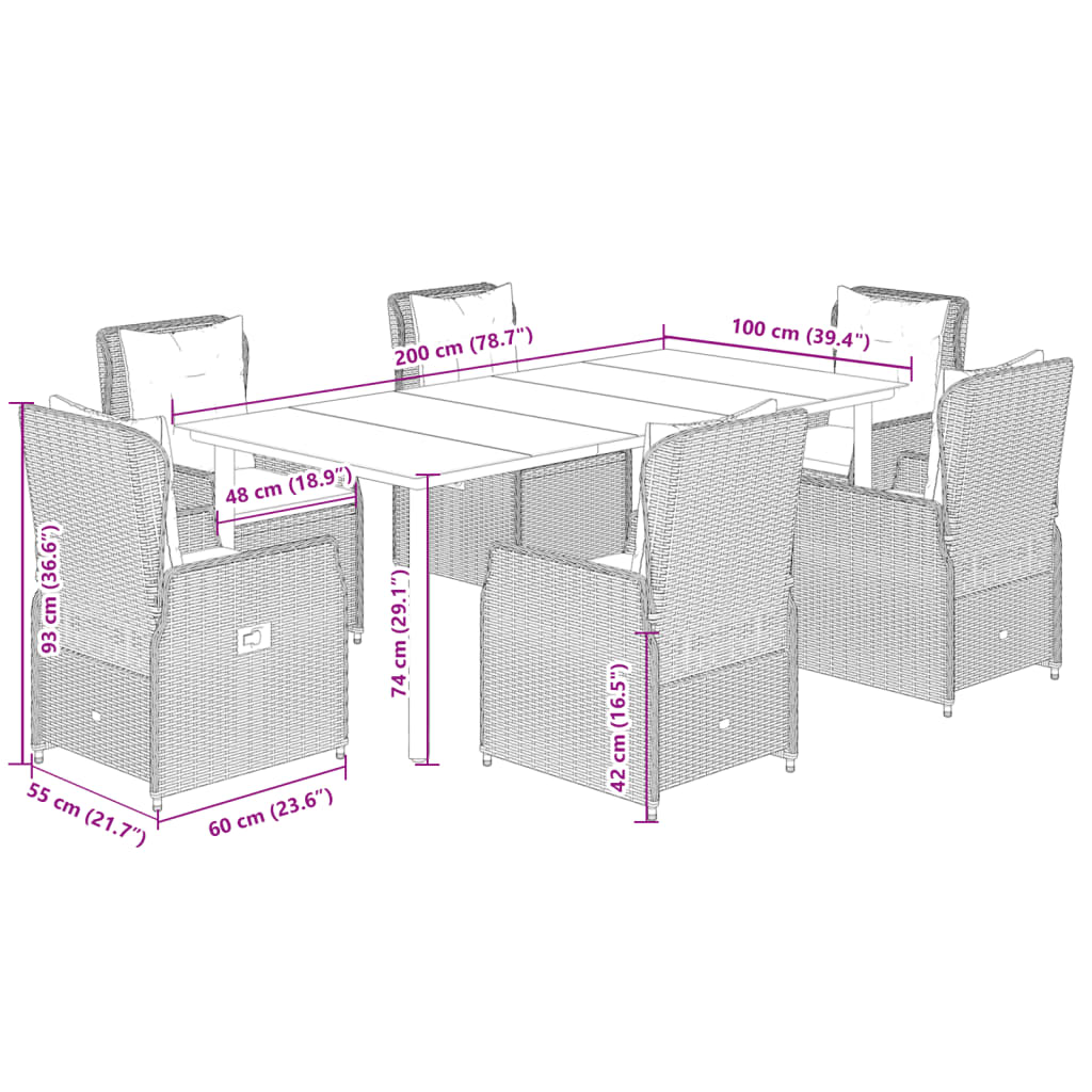 7-Delige Tuinset Met Kussens Poly Rattan 6 200 x 100 x 74 cm Grijs