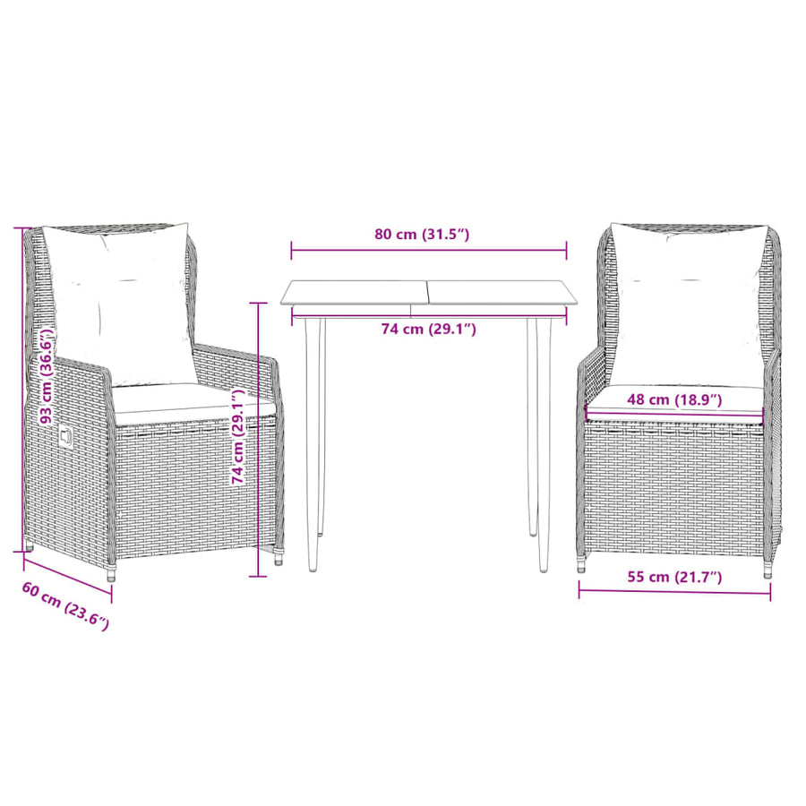 3-delige Tuinset met kussens poly rattan beige