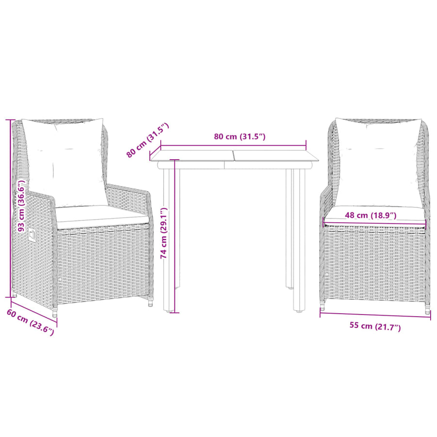 3-delige Tuinset met kussens poly rattan beige
