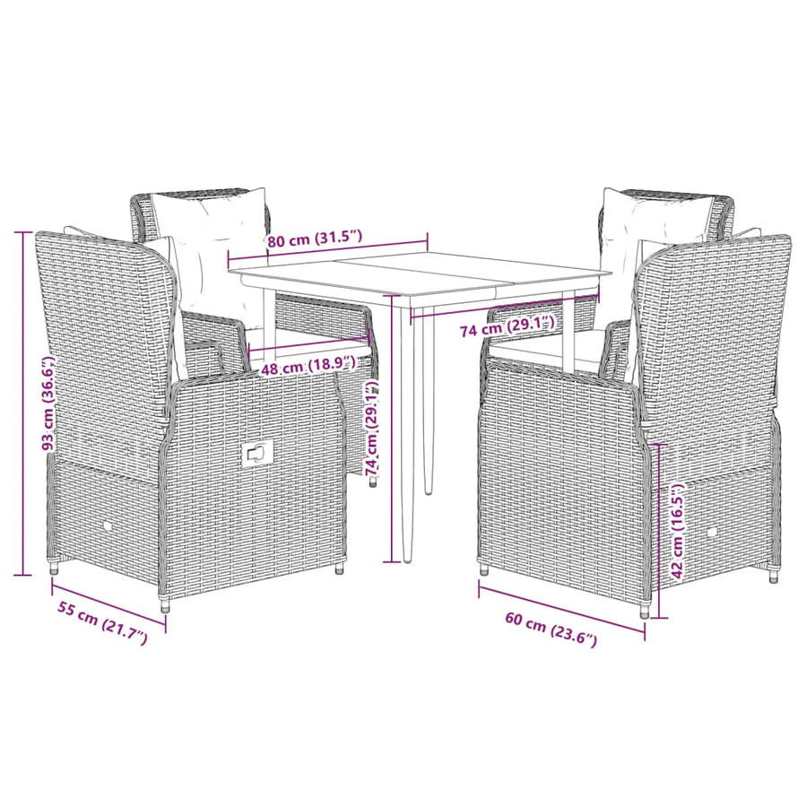 5-delige Tuinset met kussens poly rattan lichtgrijs