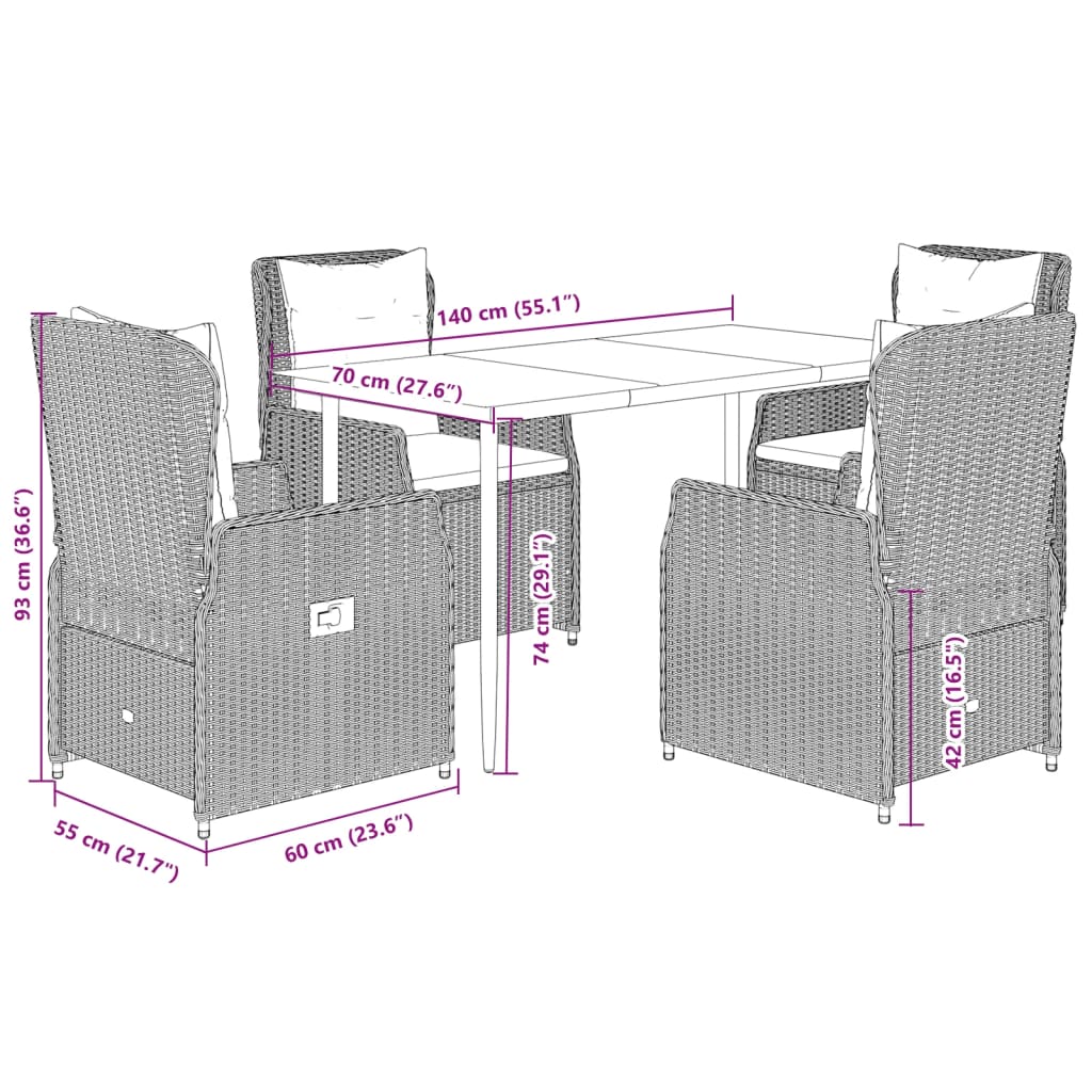 5-delige Tuinset met kussens poly rattan lichtgrijs