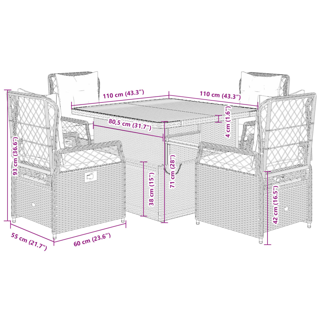 5-delige Tuinset met kussens poly rattan grijs
