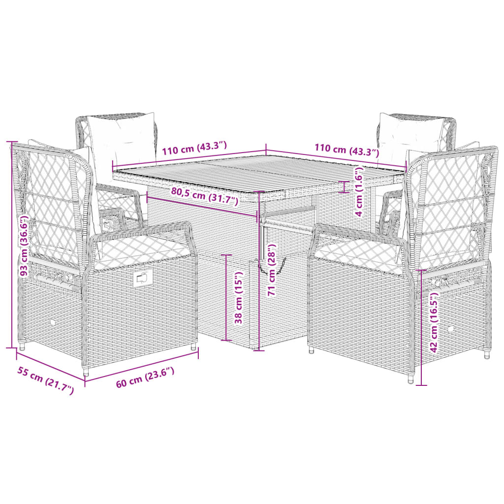 5-delige Tuinset met kussens poly rattan beige