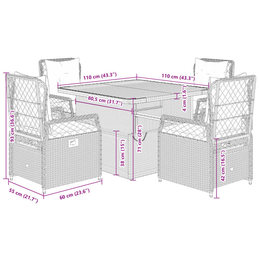 5-delige Tuinset met kussens poly rattan beige