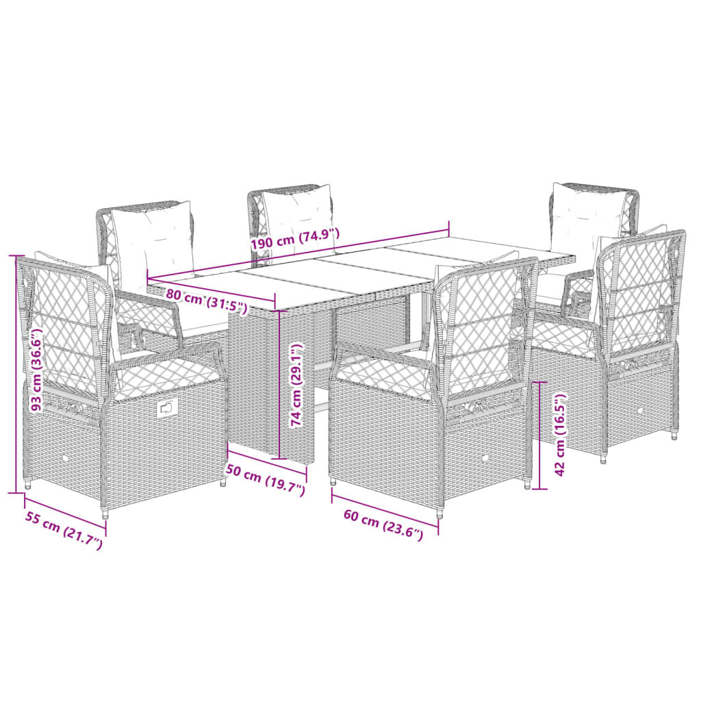 7-delige Tuinset met kussens poly rattan bruin
