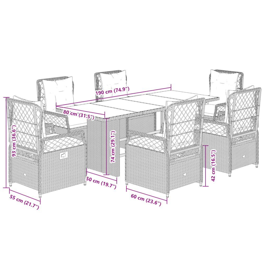 7-Delige Tuinset Met Kussens Poly Rattan 6 Grijs Hout