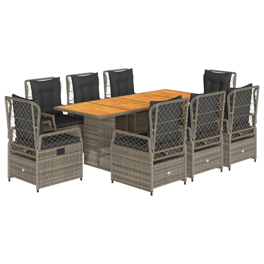 9-Delige Tuinset Met Kussens Poly Rattan 8 Grijs Hout