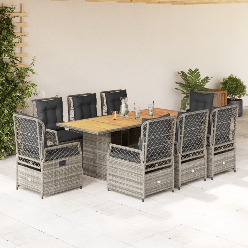9-Delige Tuinset Met Kussens Poly Rattan 8 Grijs Hout