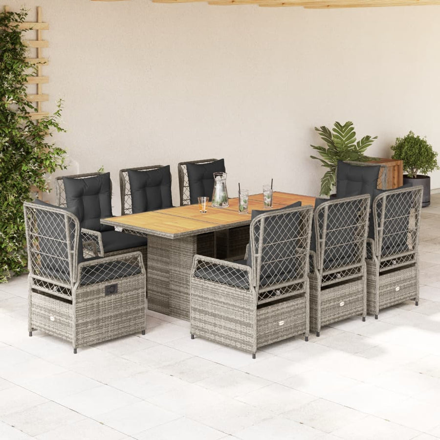 9-Delige Tuinset Met Kussens Poly Rattan 8 Grijs Hout