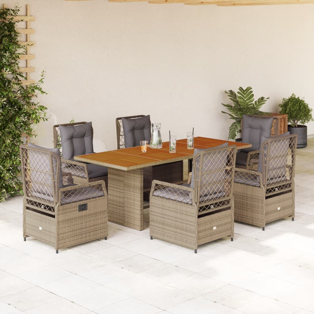 7-Delige Tuinset Met Kussens Poly Rattan 6 Beige en grijs Hout