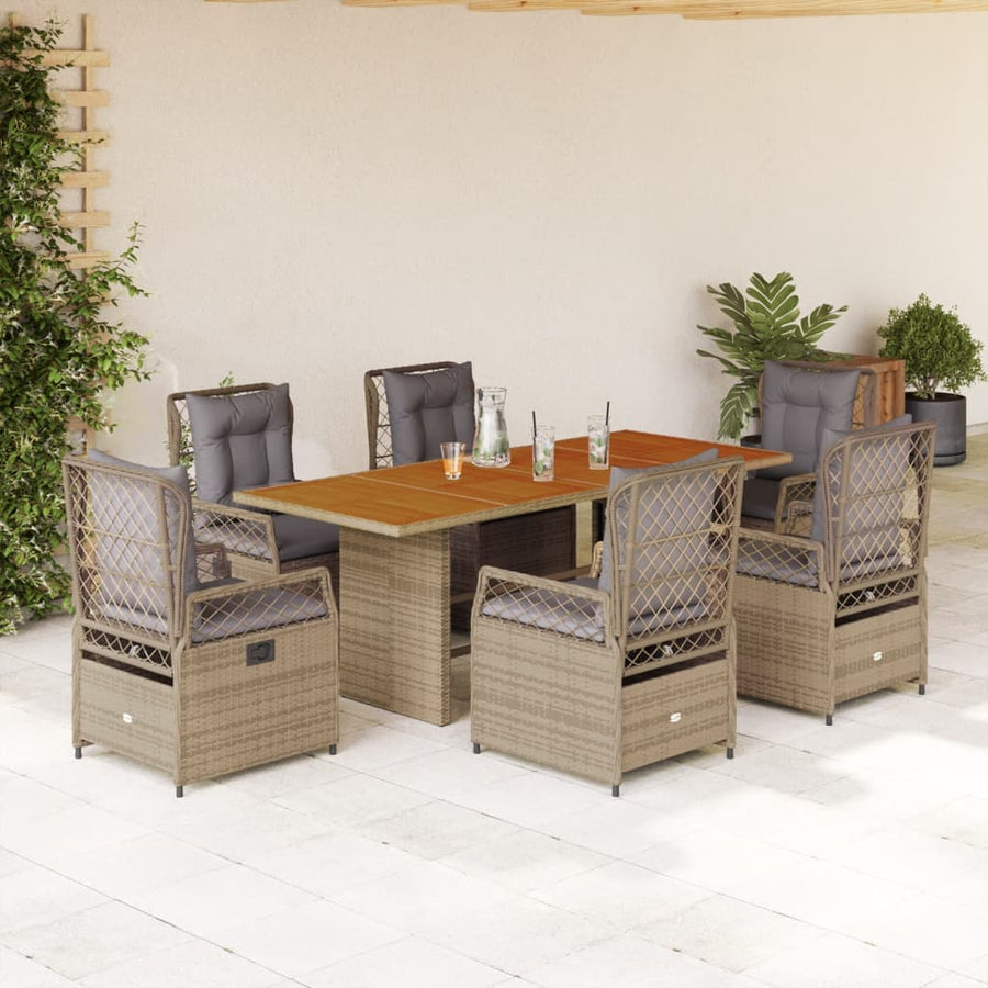 7-Delige Tuinset Met Kussens Poly Rattan 6 Beige en grijs Hout
