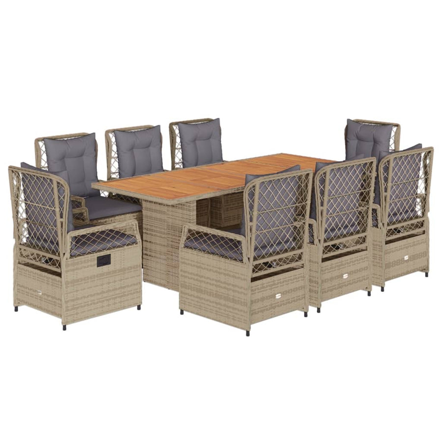 9-Delige Tuinset Met Kussens Poly Rattan 8 Beige en grijs Hout