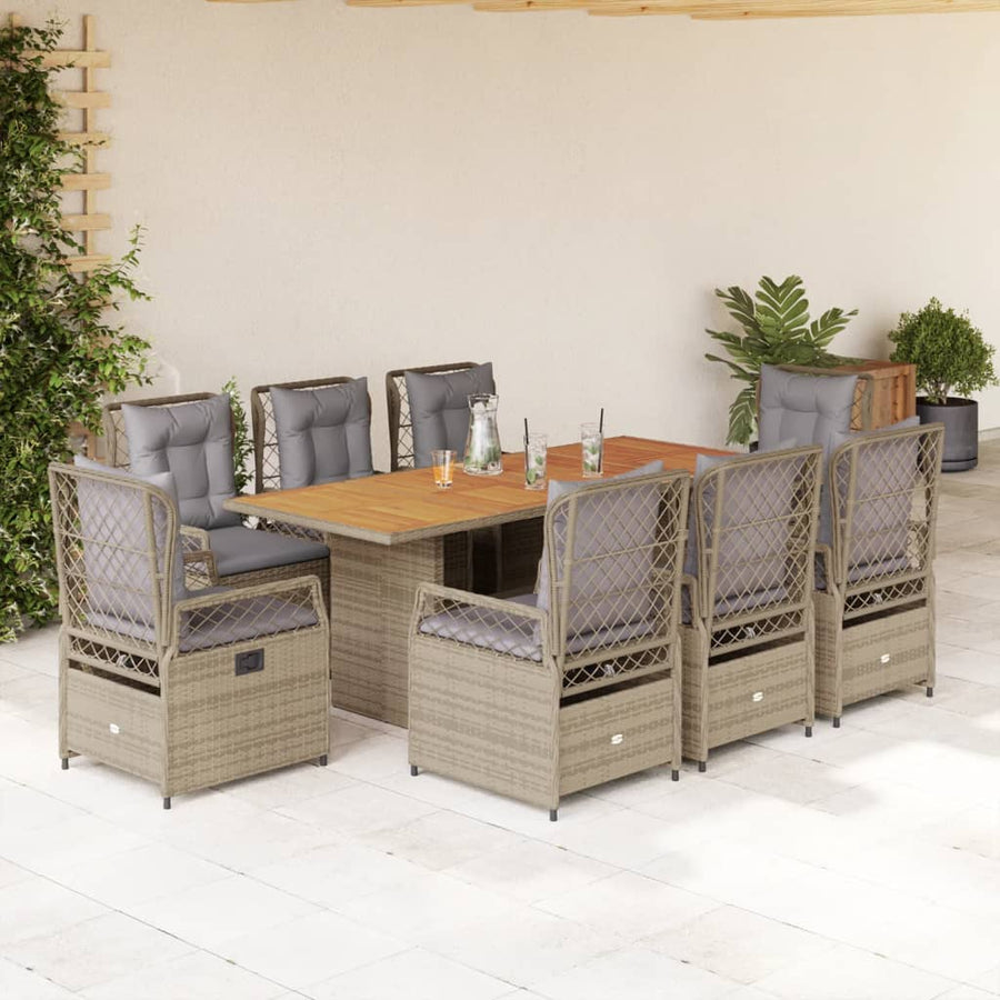 9-Delige Tuinset Met Kussens Poly Rattan 8 Beige en grijs Hout