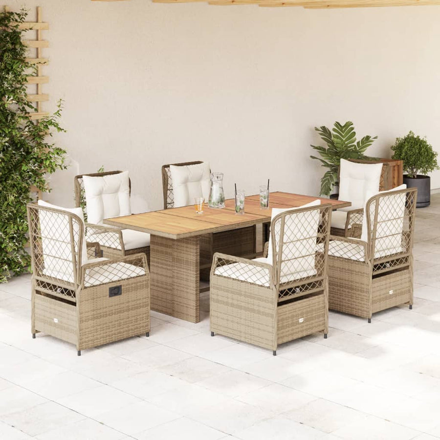 7-Delige Tuinset Met Kussens Poly Rattan 6 beige en crèmekleurig Hout