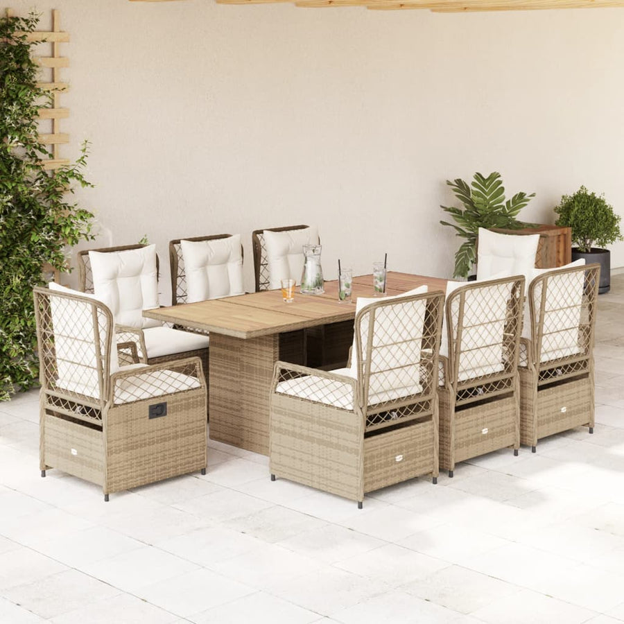 9-Delige Tuinset Met Kussens Poly Rattan 8 beige en crèmekleurig Hout