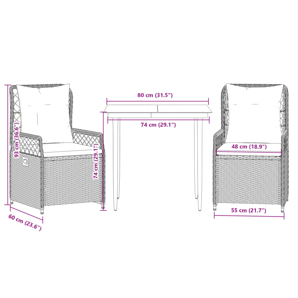 3-delige Tuinset met kussens poly rattan zwart