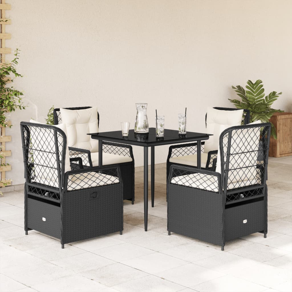 5-delige Tuinset met kussens poly rattan zwart