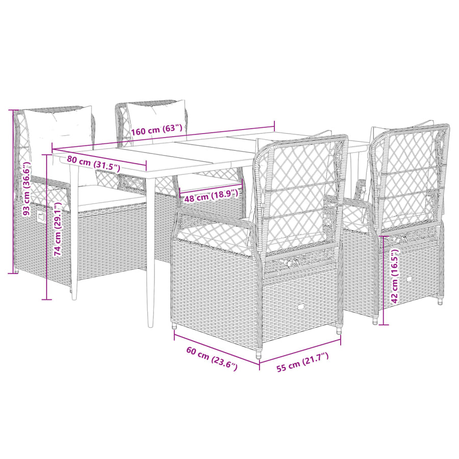 5-delige Tuinset met kussens poly rattan zwart