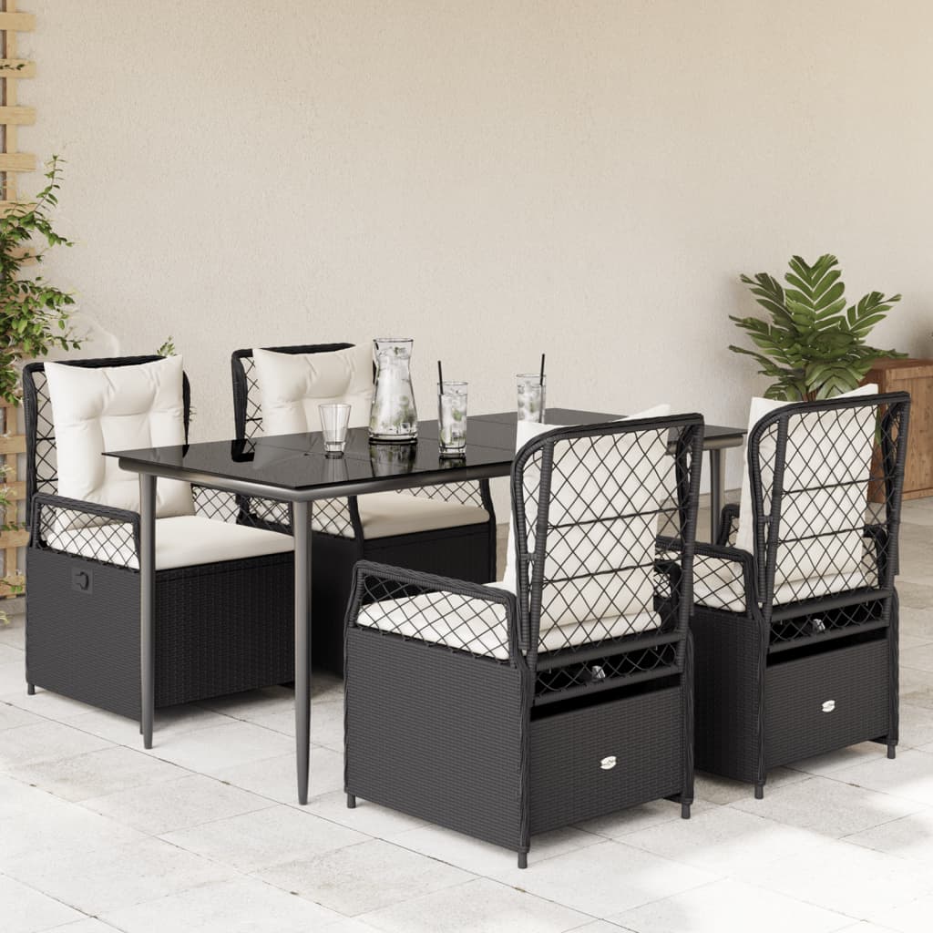 5-delige Tuinset met kussens poly rattan zwart