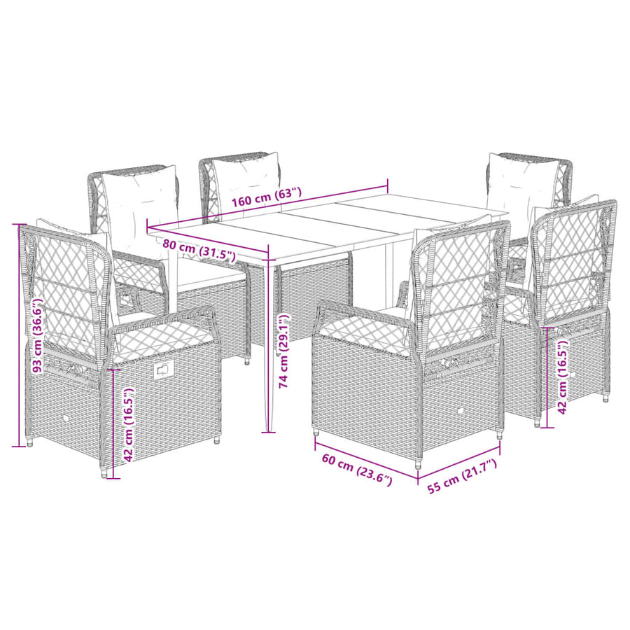 7-delige Tuinset met kussens poly rattan zwart