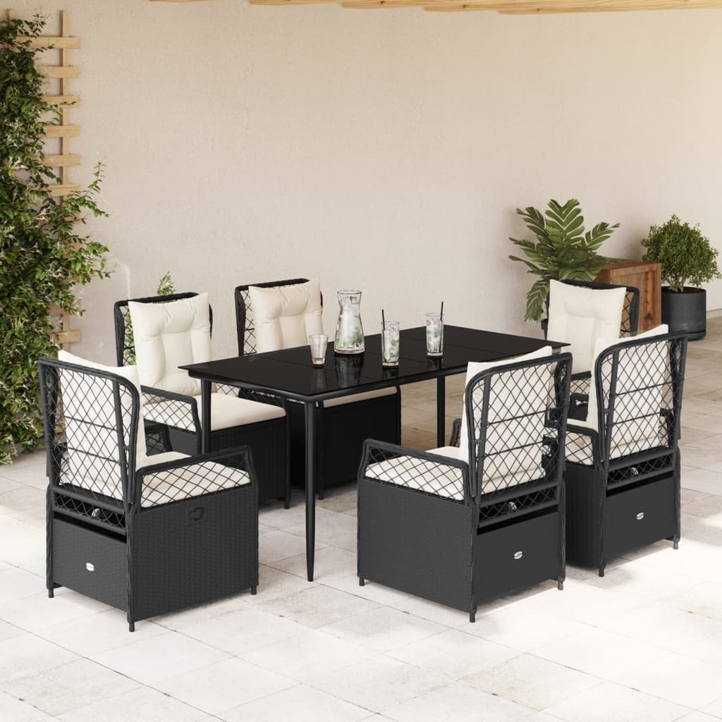 7-delige Tuinset met kussens poly rattan zwart