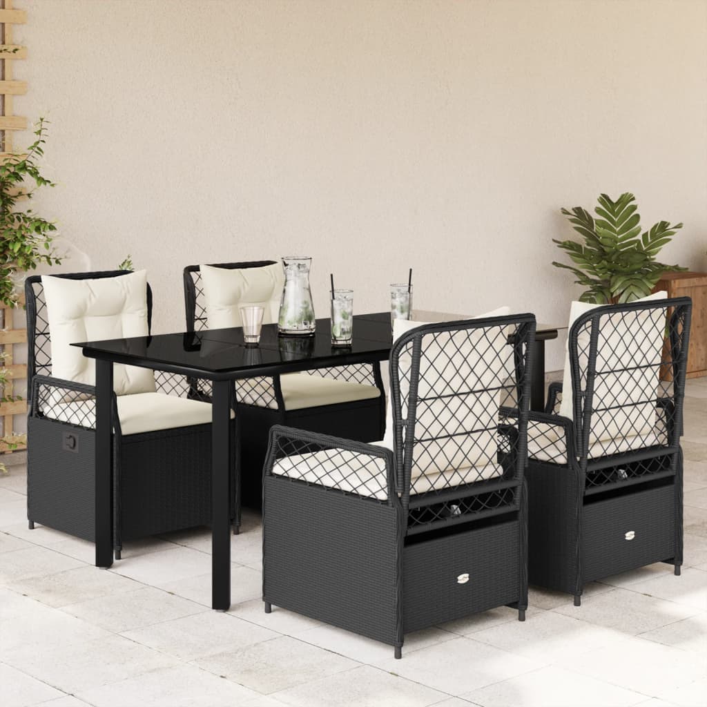 5-delige Tuinset met kussens poly rattan zwart