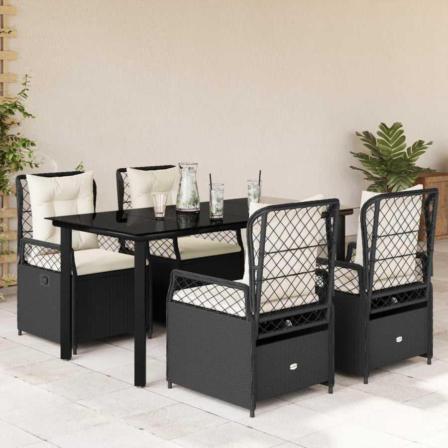 5-delige Tuinset met kussens poly rattan zwart