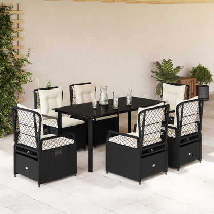 7-delige Tuinset met kussens poly rattan zwart