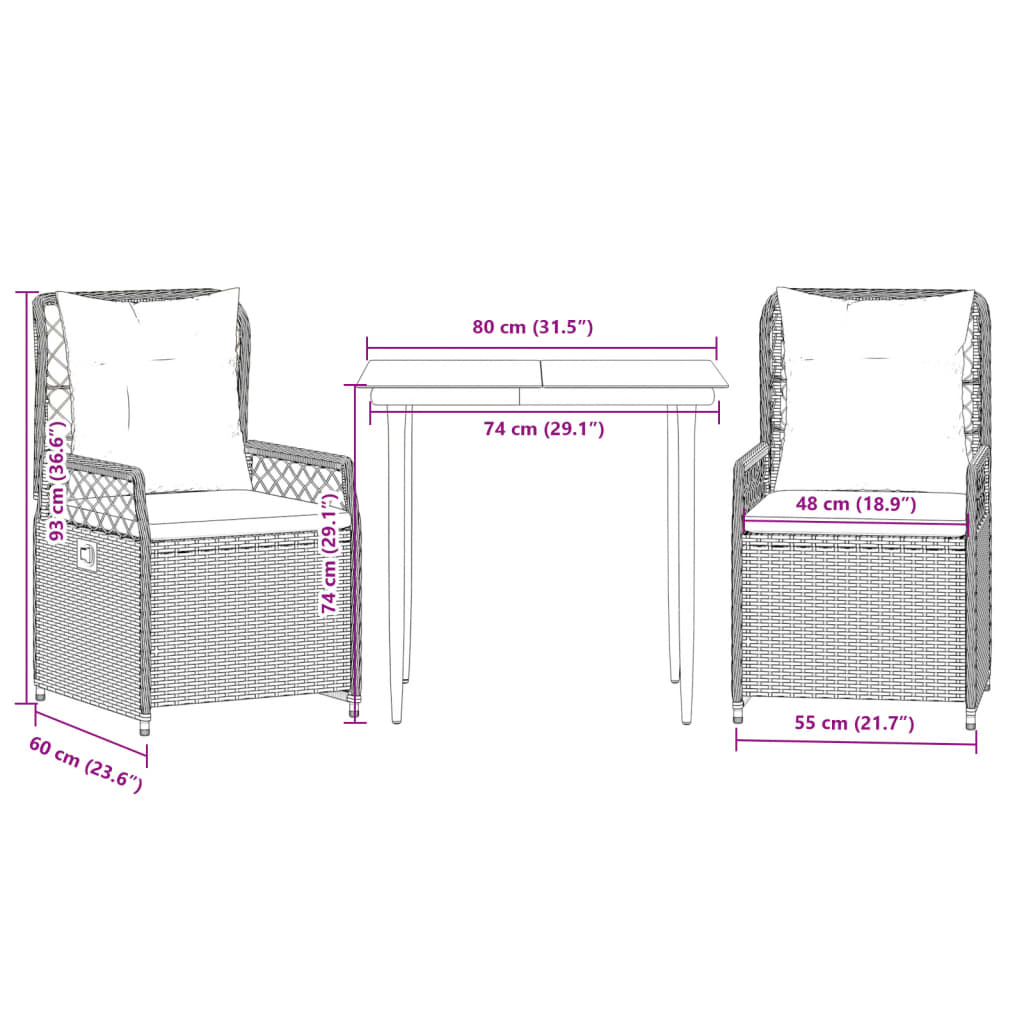 3-delige Tuinset met kussens poly rattan bruin