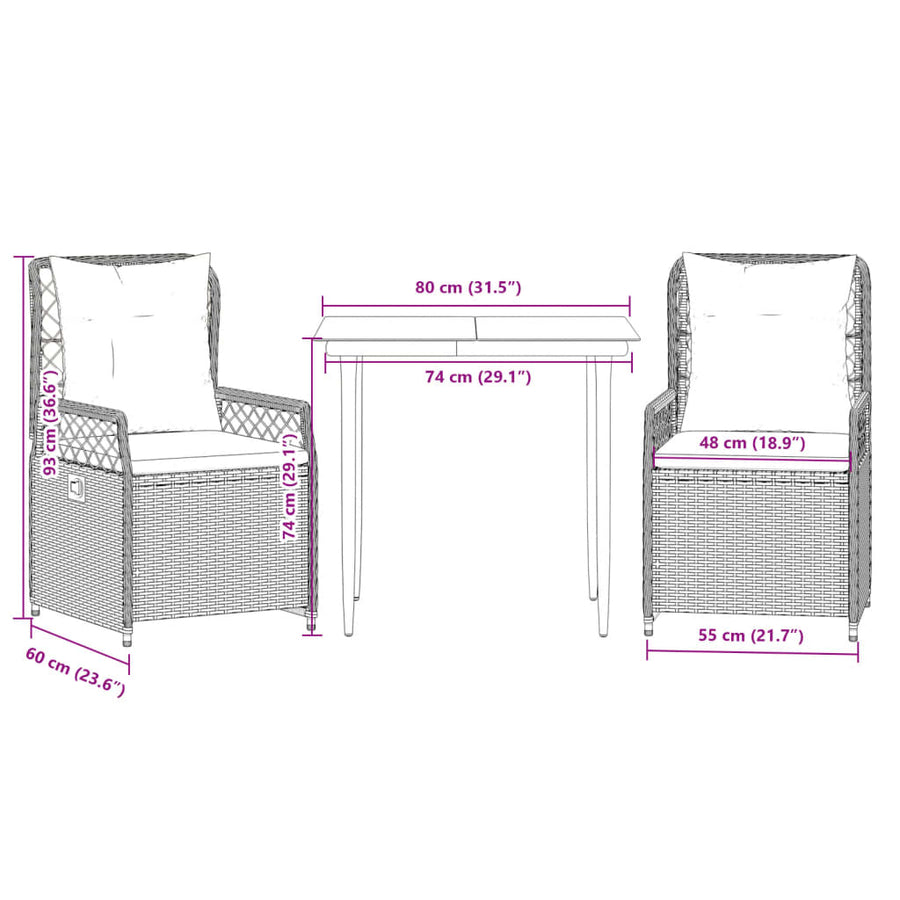 3-delige Tuinset met kussens poly rattan bruin