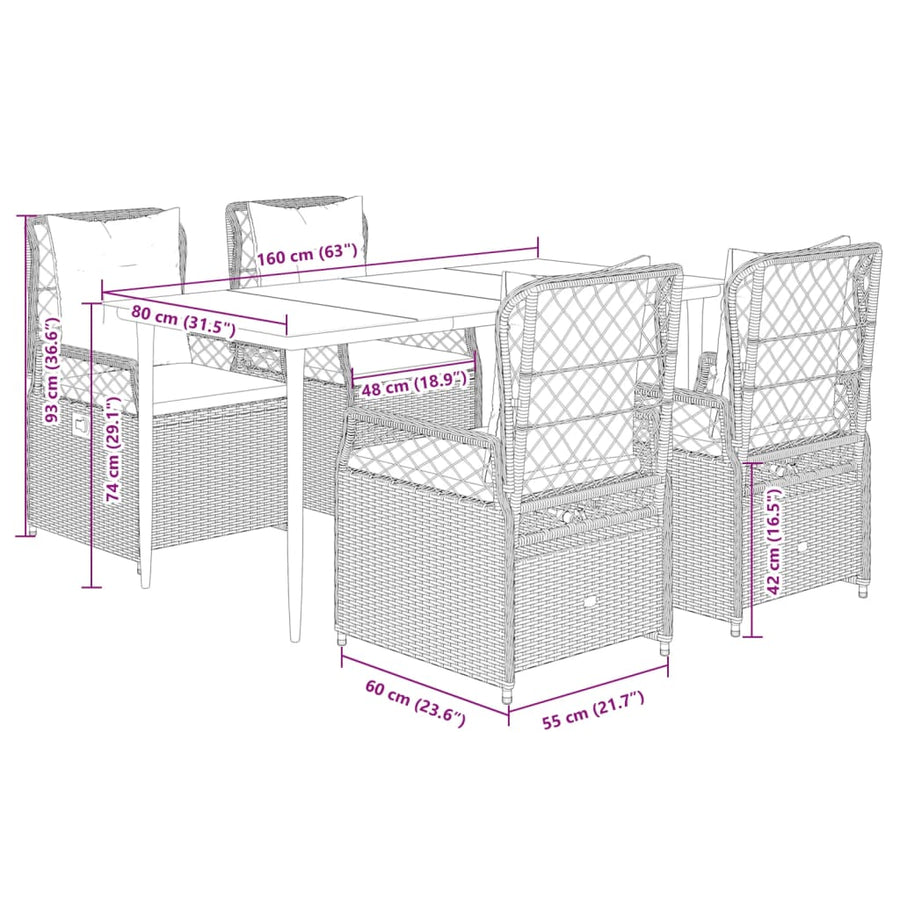 5-delige Tuinset met kussens poly rattan bruin
