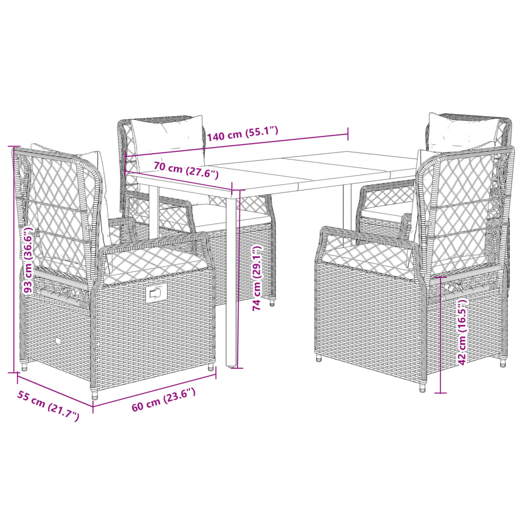 5-delige Tuinset met kussens poly rattan bruin