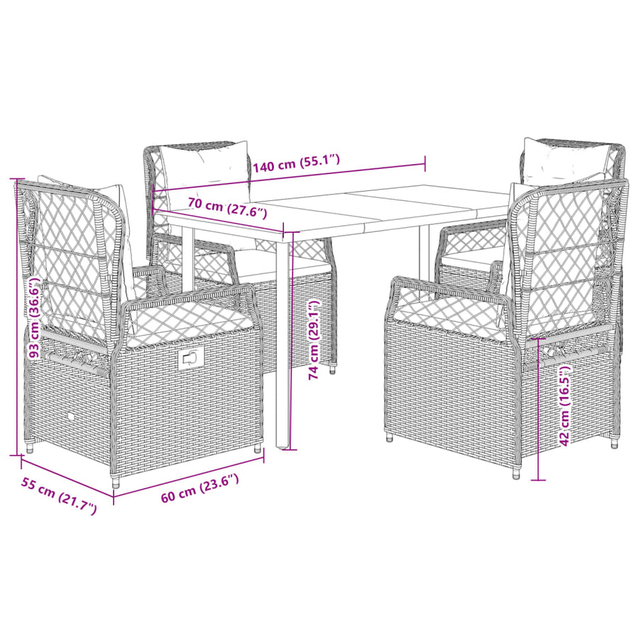 5-delige Tuinset met kussens poly rattan bruin
