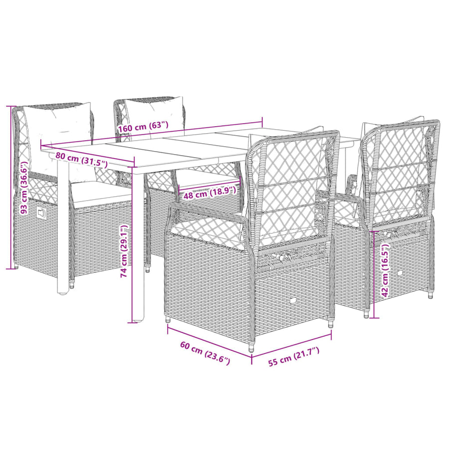 5-delige Tuinset met kussens poly rattan bruin