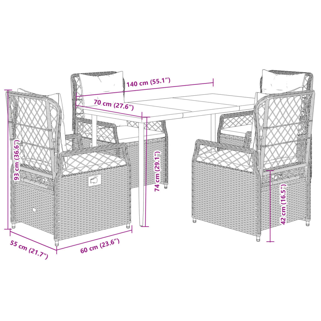 5-Delige Tuinset Met Kussens Poly Rattan 4 140 x 70 x 74 cm Grijs