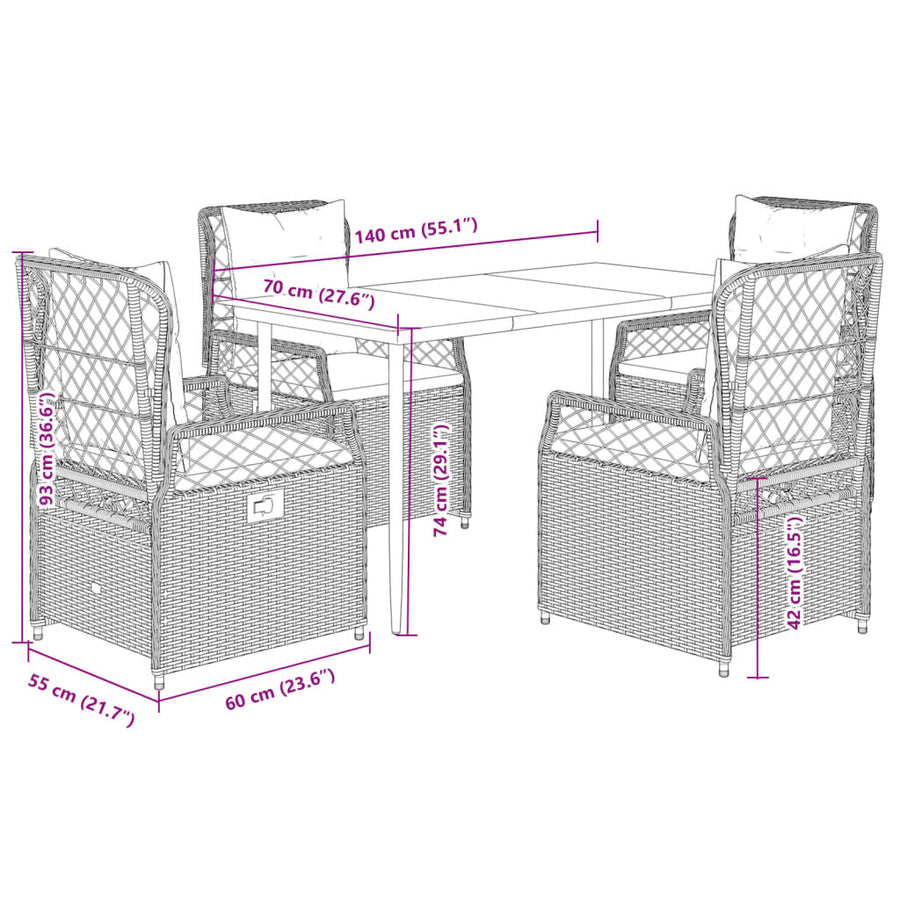 5-Delige Tuinset Met Kussens Poly Rattan 4 140 x 70 x 74 cm Grijs